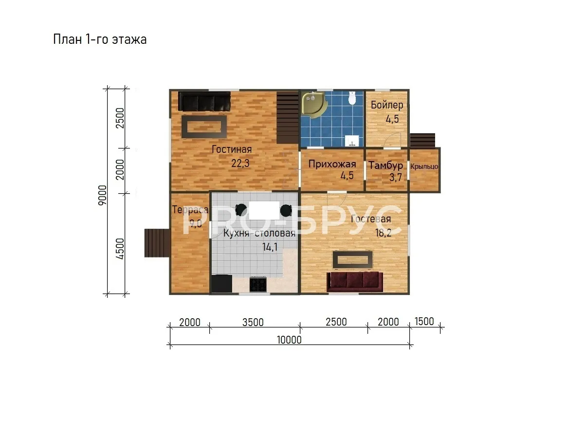 Проект дома из бруса - 9х10 - «Балашиха» - 135 м² - планировка первого этажа