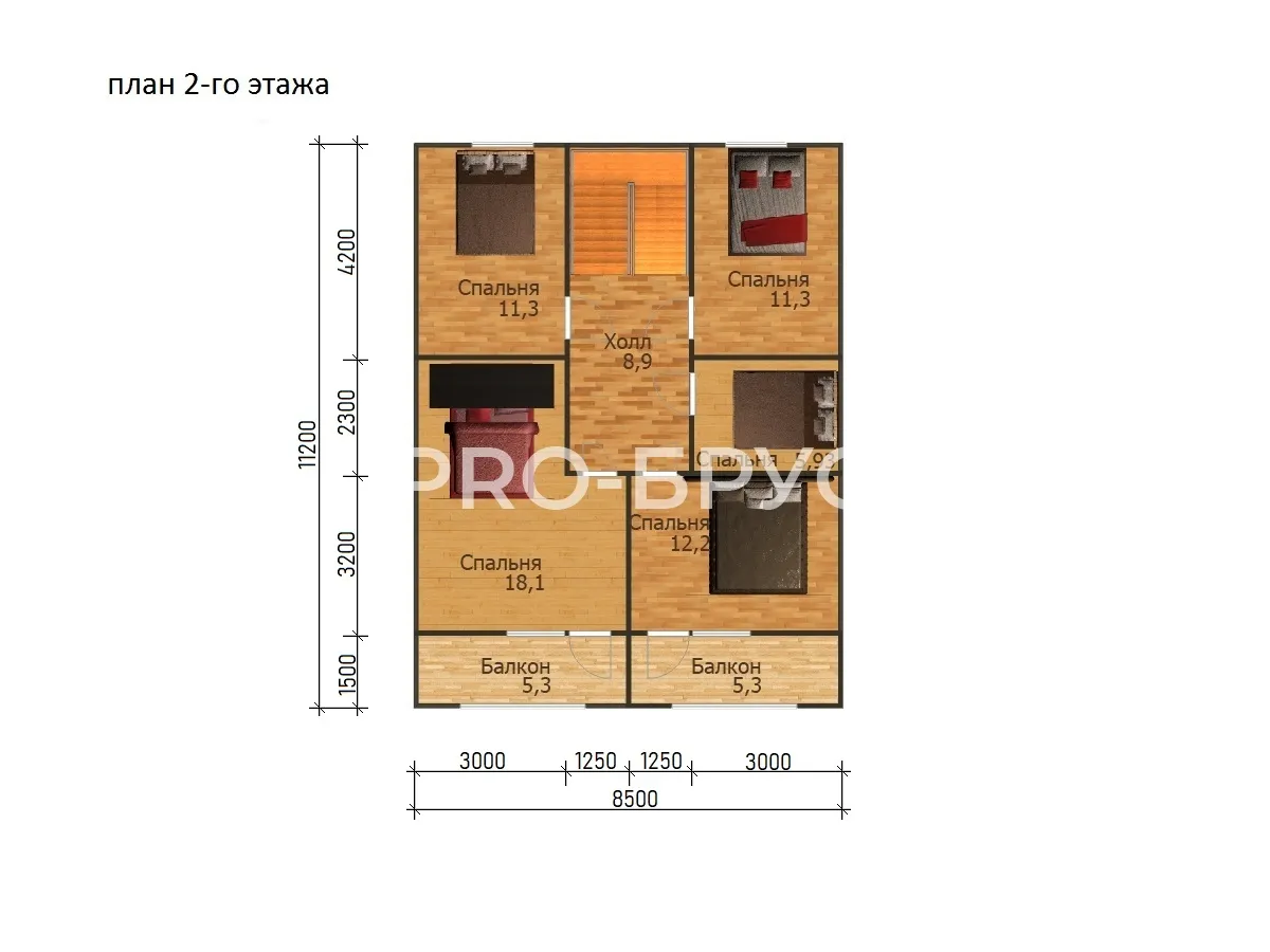 Проект дома из бруса - 11х11 - «Подольск» - 142 м² - планировка второго этажа