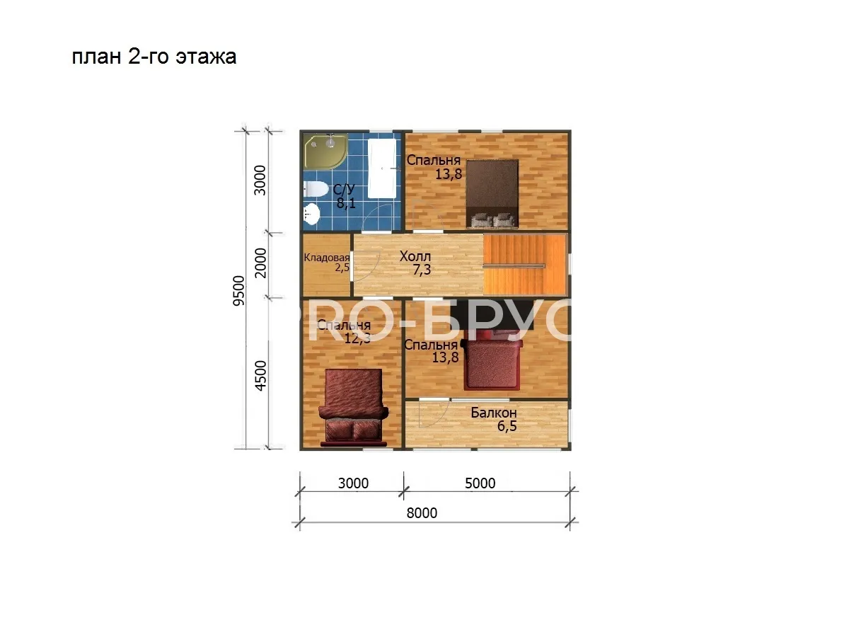 Проект дома из бруса - 9х9 - «Мытищи» - 118 м² - планировка второго этажа