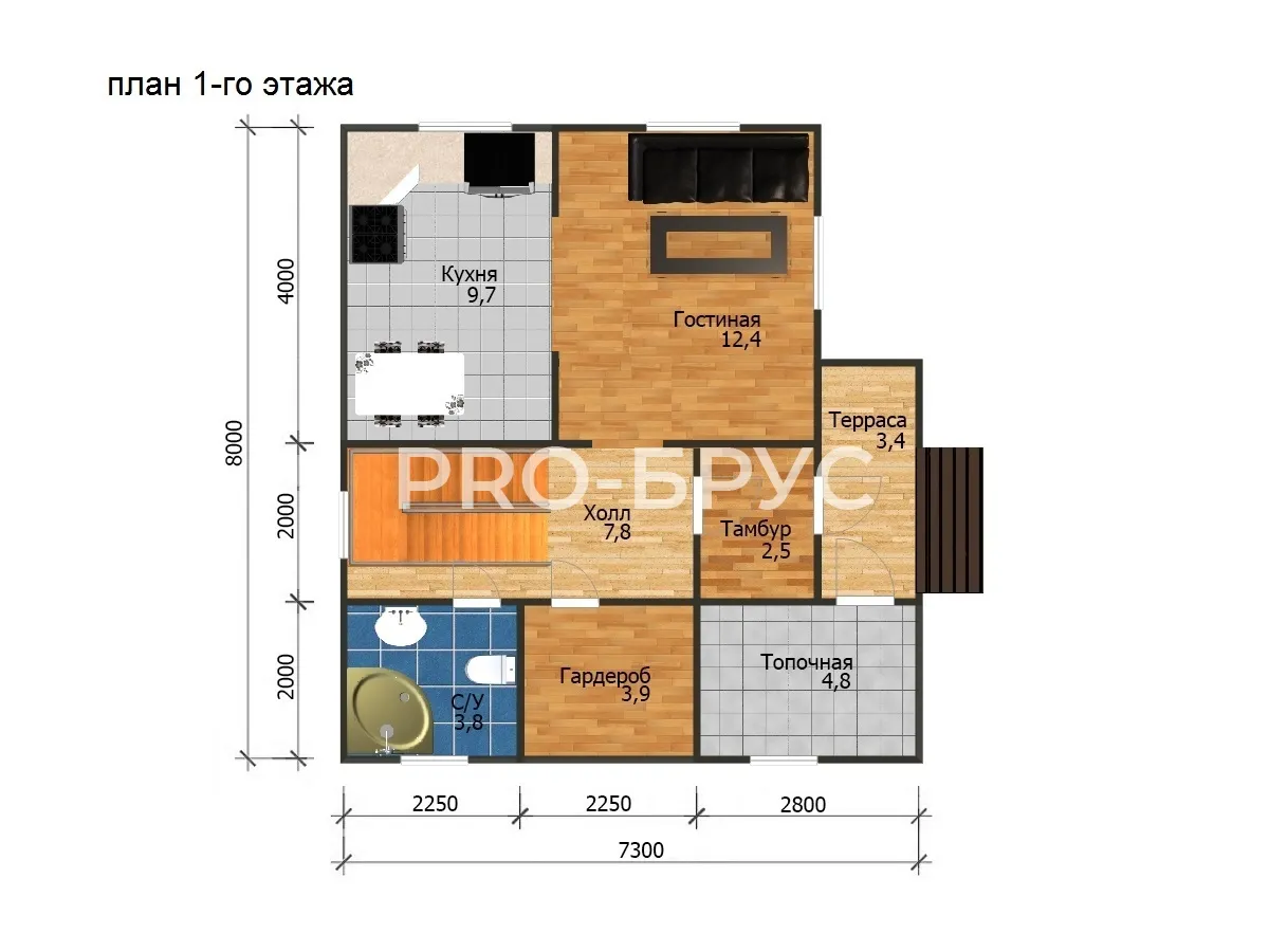 Проект дома из бруса - 6х8 - «Королёв» - 80 м² - планировка первого этажа