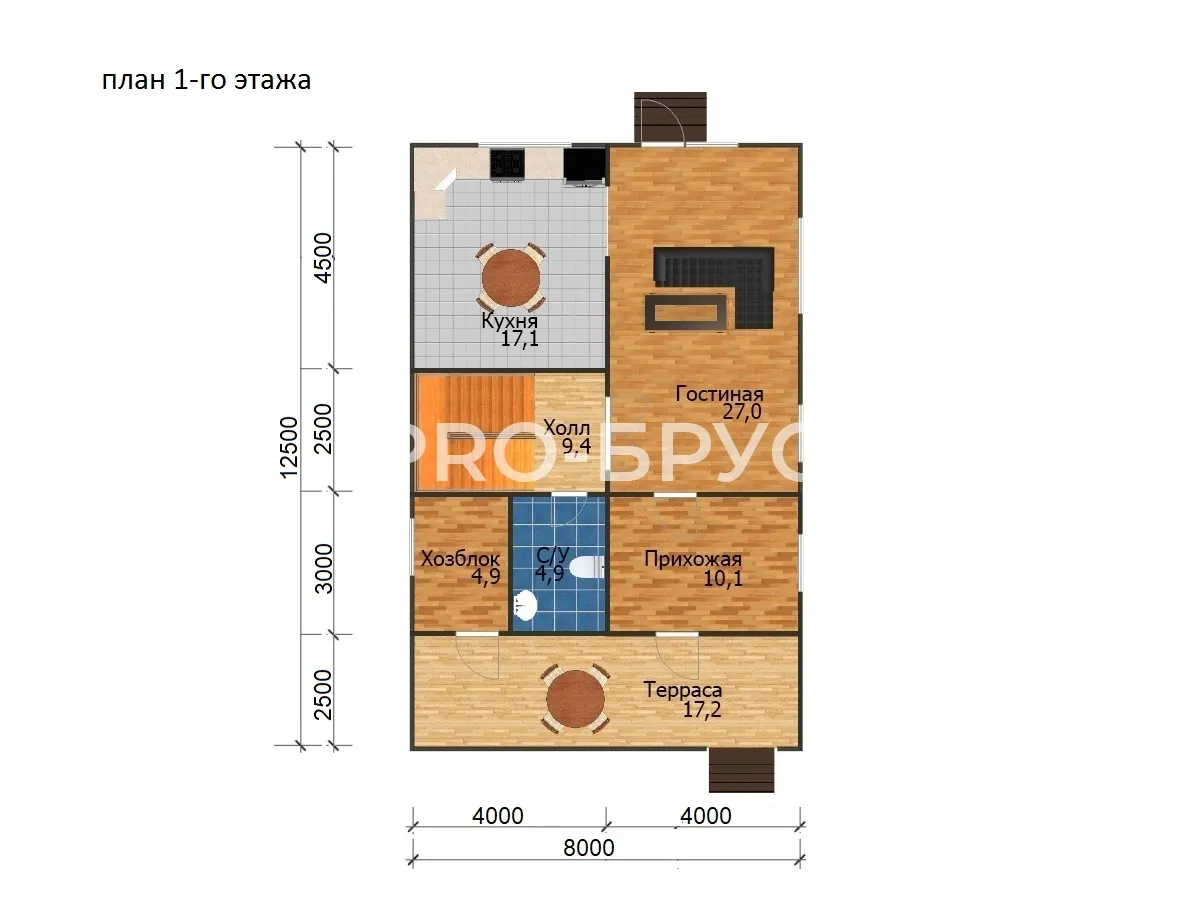 Проект дома из бруса - 8х12 - «Красногорск» - 141 м² - планировка первого этажа