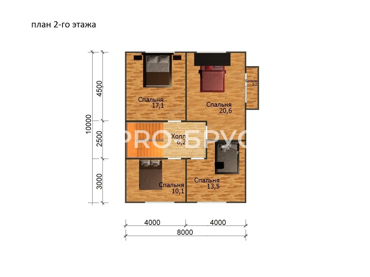 Проект дома из бруса - 8х12 - «Красногорск» - 141 м² - планировка второго этажа