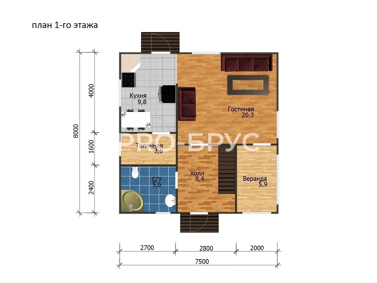 Проект дома из бруса - 7х8 - «Электросталь» - 100 м² - планировка первого этажа