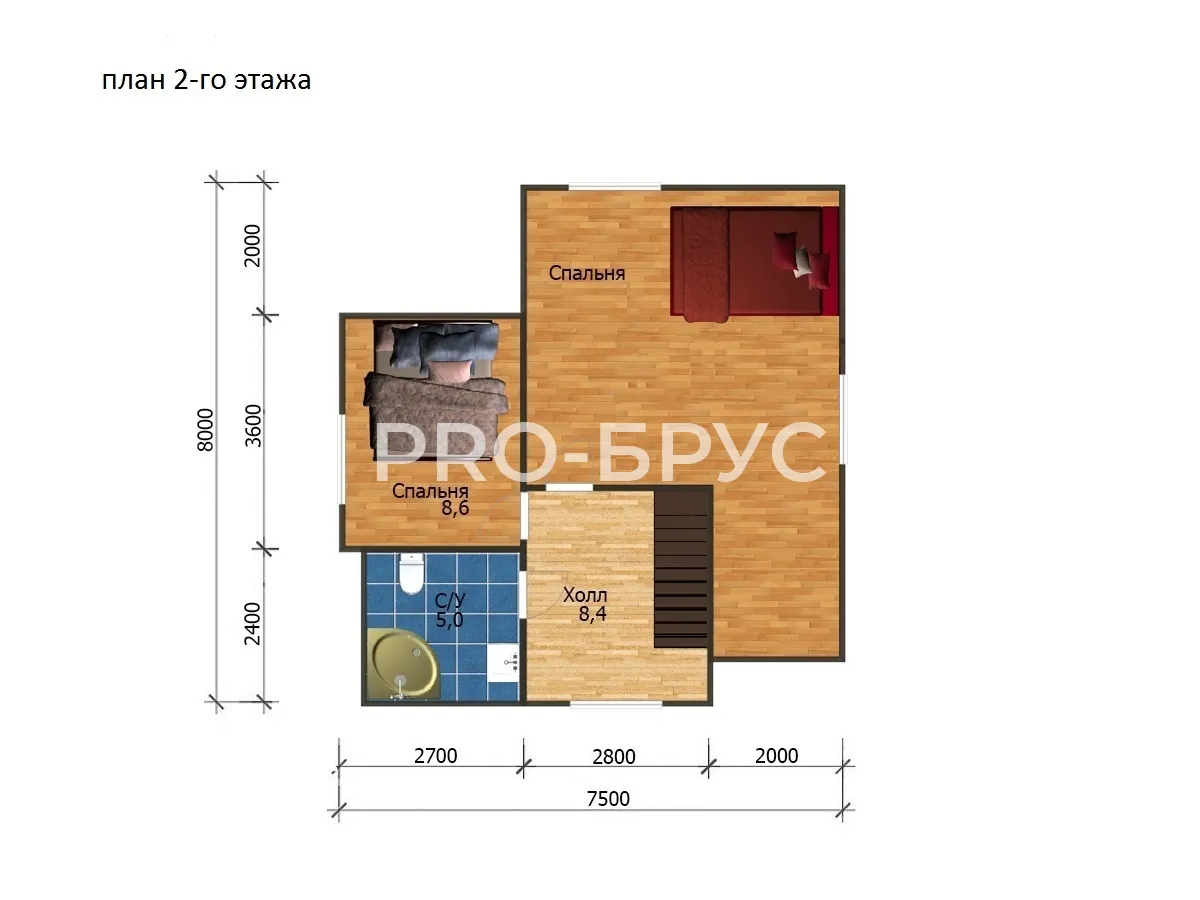 Проект дома из бруса - 7х8 - «Электросталь» - 100 м² - планировка второго этажа