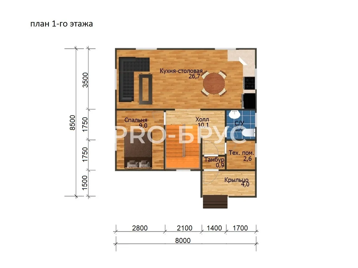 Проект дома из бруса - 8х8 - «Одинцово» - 124 м² - планировка первого этажа