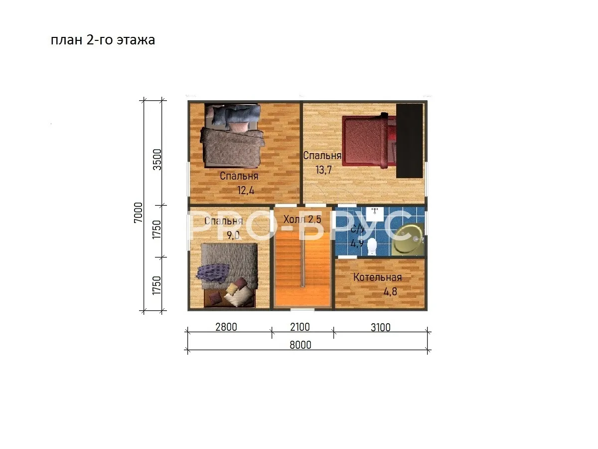 Проект дома из бруса - 8х8 - «Одинцово» - 124 м² - планировка второго этажа