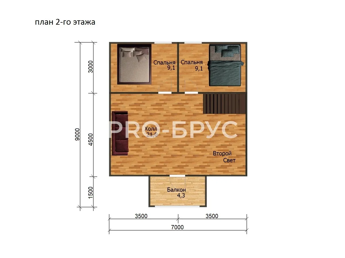 Проект дома из бруса - 8х9 - «Сергиев Посад» - 87 м² - планировка второго этажа