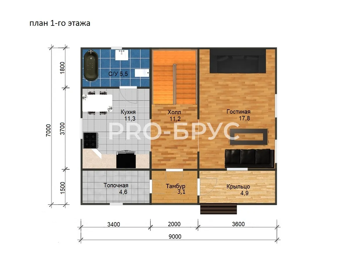 Проект дома из бруса - 9х7 - «Воскресенск» - 106 м² - планировка первого этажа