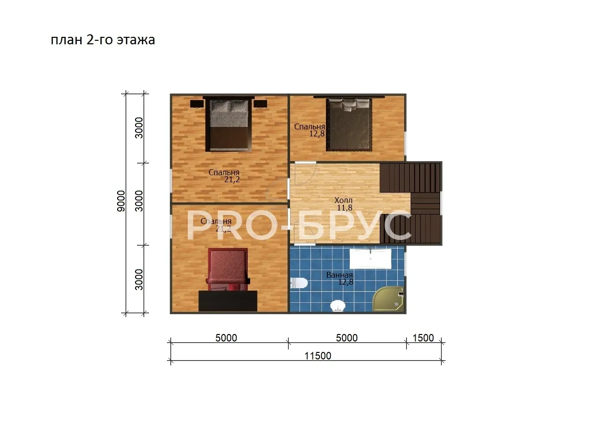Проект дома из бруса - 11х10 - «Дзержинский» - 158 м² - планировка второго этажа