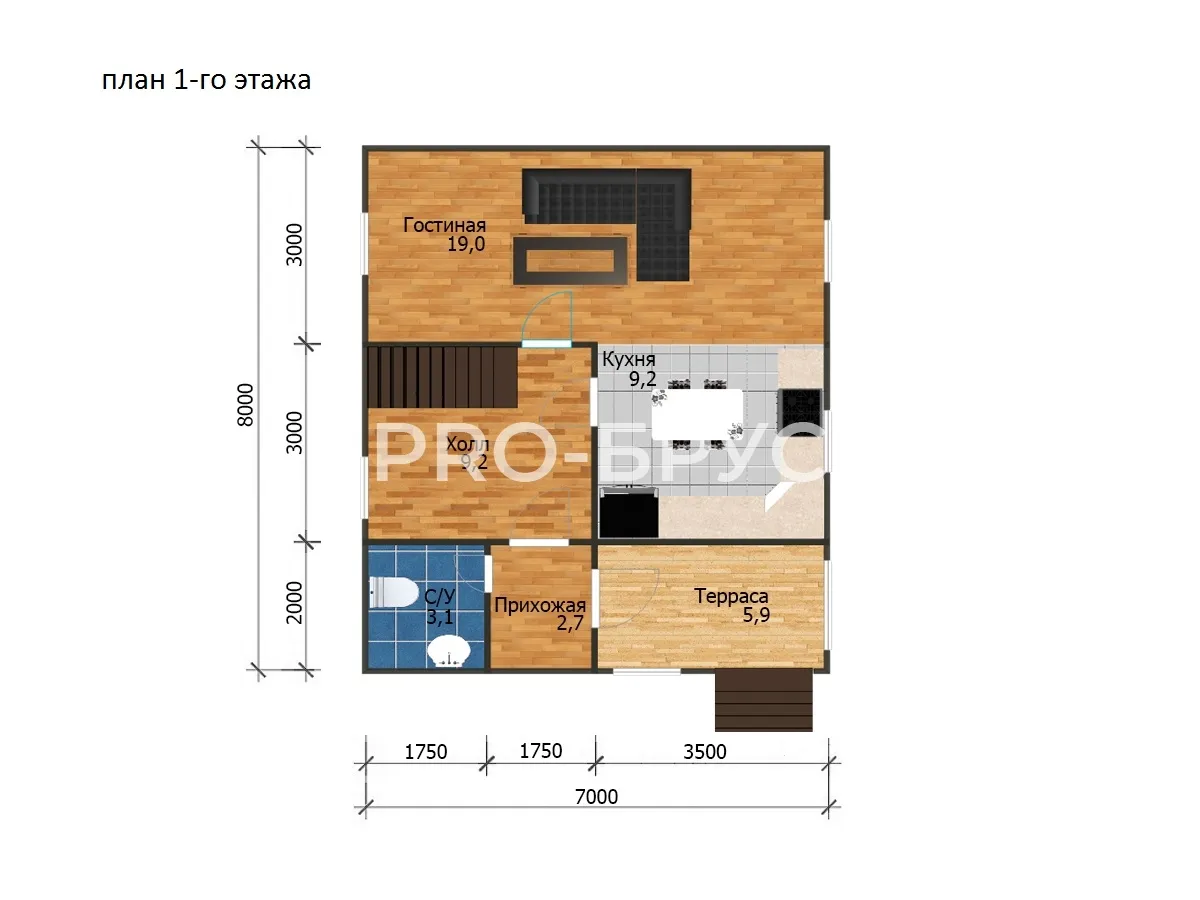Проект дома из бруса - 7х8 - «Ивантеевка» - 80 м² - планировка первого этажа