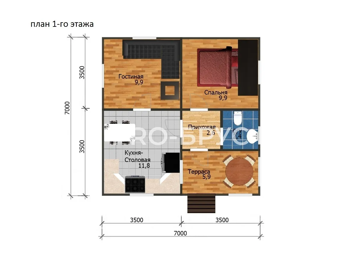 Проект дома из бруса - 7х7 - «Клин» - 49 м² - планировка первого этажа
