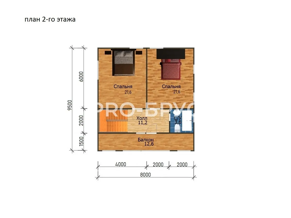 Проект дома из бруса - 8х9 - «Луховицы» - 115 м² - планировка второго этажа