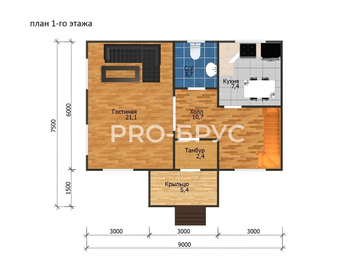 Проект дома из бруса - 9х9 - «Бронницы» - 90 м² - планировка первого этажа