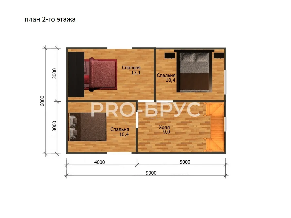 Проект дома из бруса - 9х9 - «Бронницы» - 90 м² - планировка второго этажа
