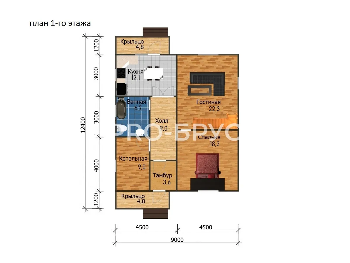 Проект дома из бруса - 9х12 - «Высоковск» - 160 м² - планировка первого этажа