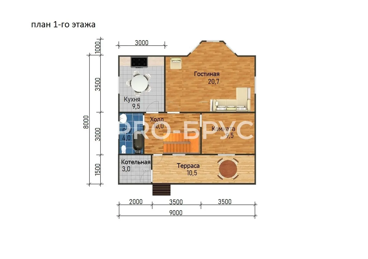 Проект дома из бруса - 8х9 - «Красноармейск» - 119 м² - планировка первого этажа