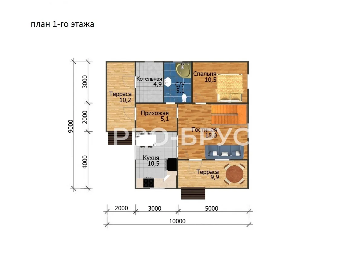 Проект дома из бруса - 9х10 - «Краснозаводск» - 130 м² - планировка первого этажа