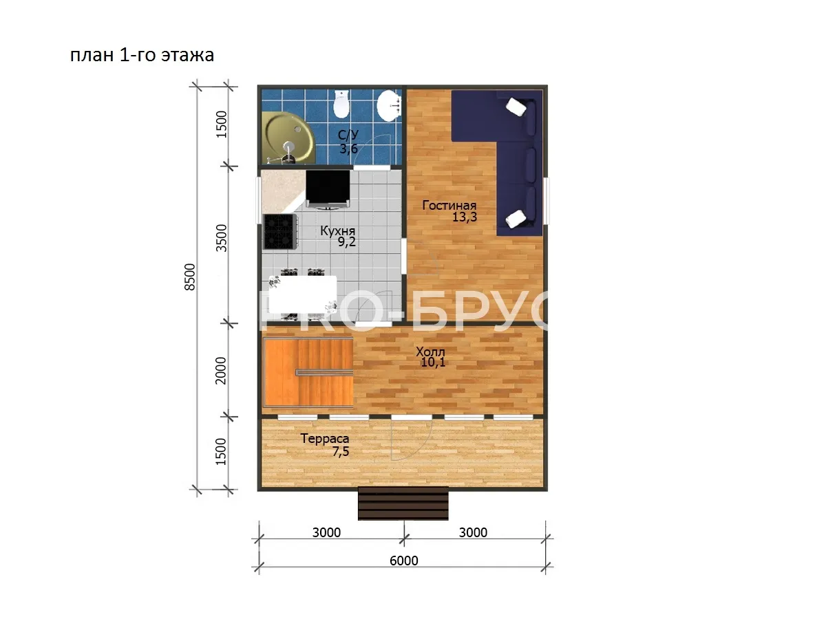Проект дома из бруса - 6х8 - «Куровское» - 80 м² - планировка первого этажа