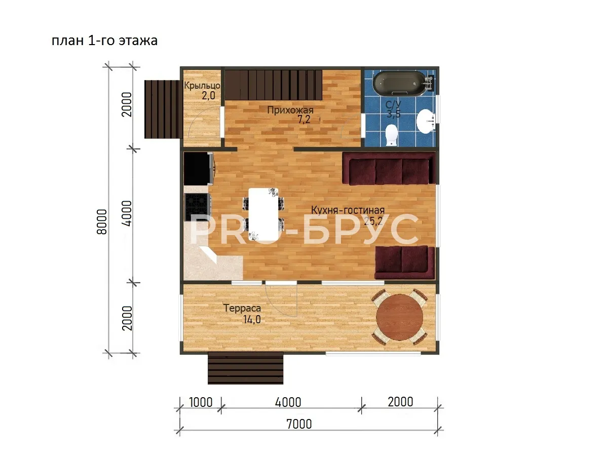 Проект дома из бруса - 7х8 - «Руза» - 104 м² - планировка первого этажа