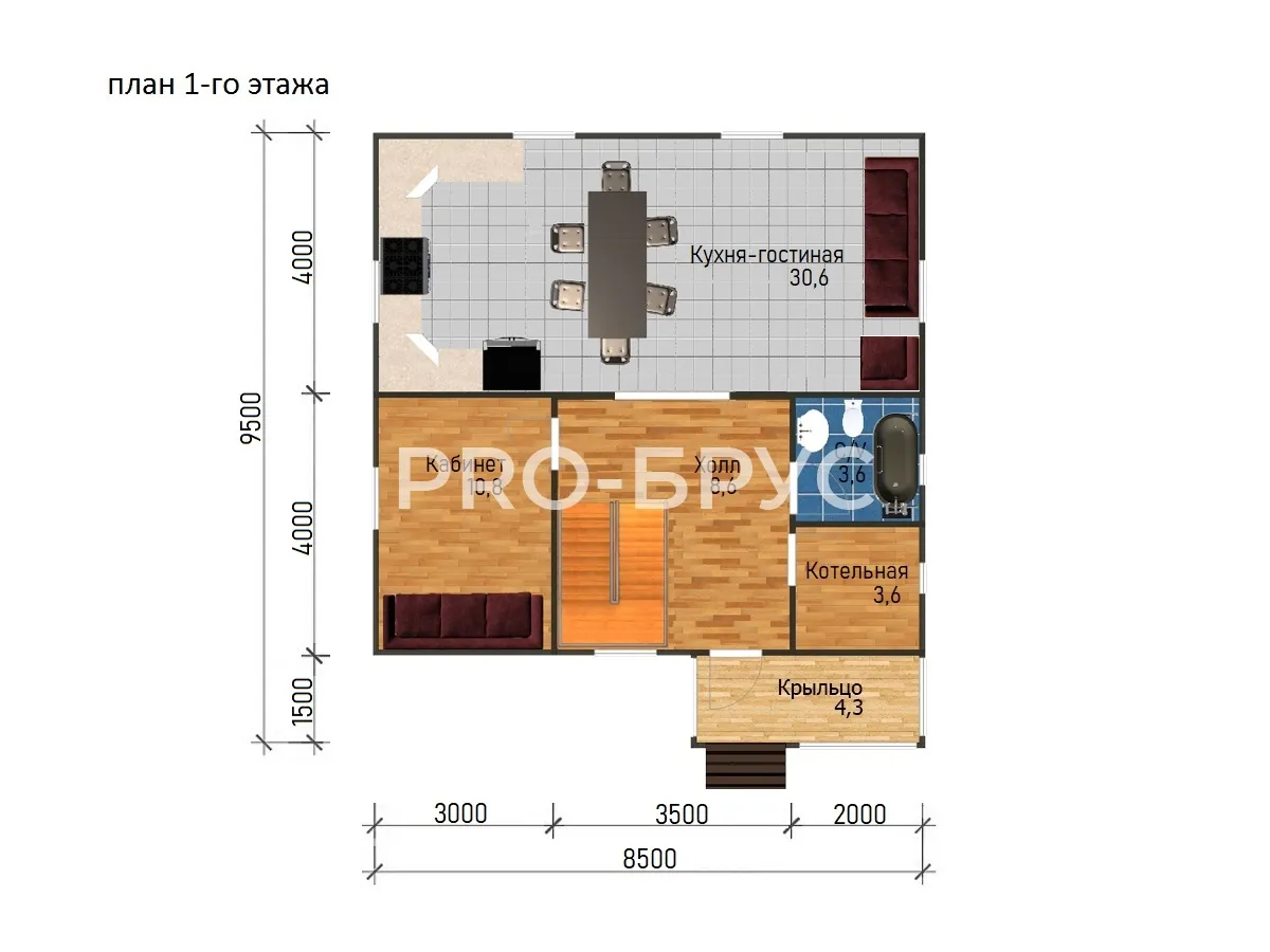 Проект дома из бруса - 8х9 - «Ашукино» - 120 м² - планировка первого этажа