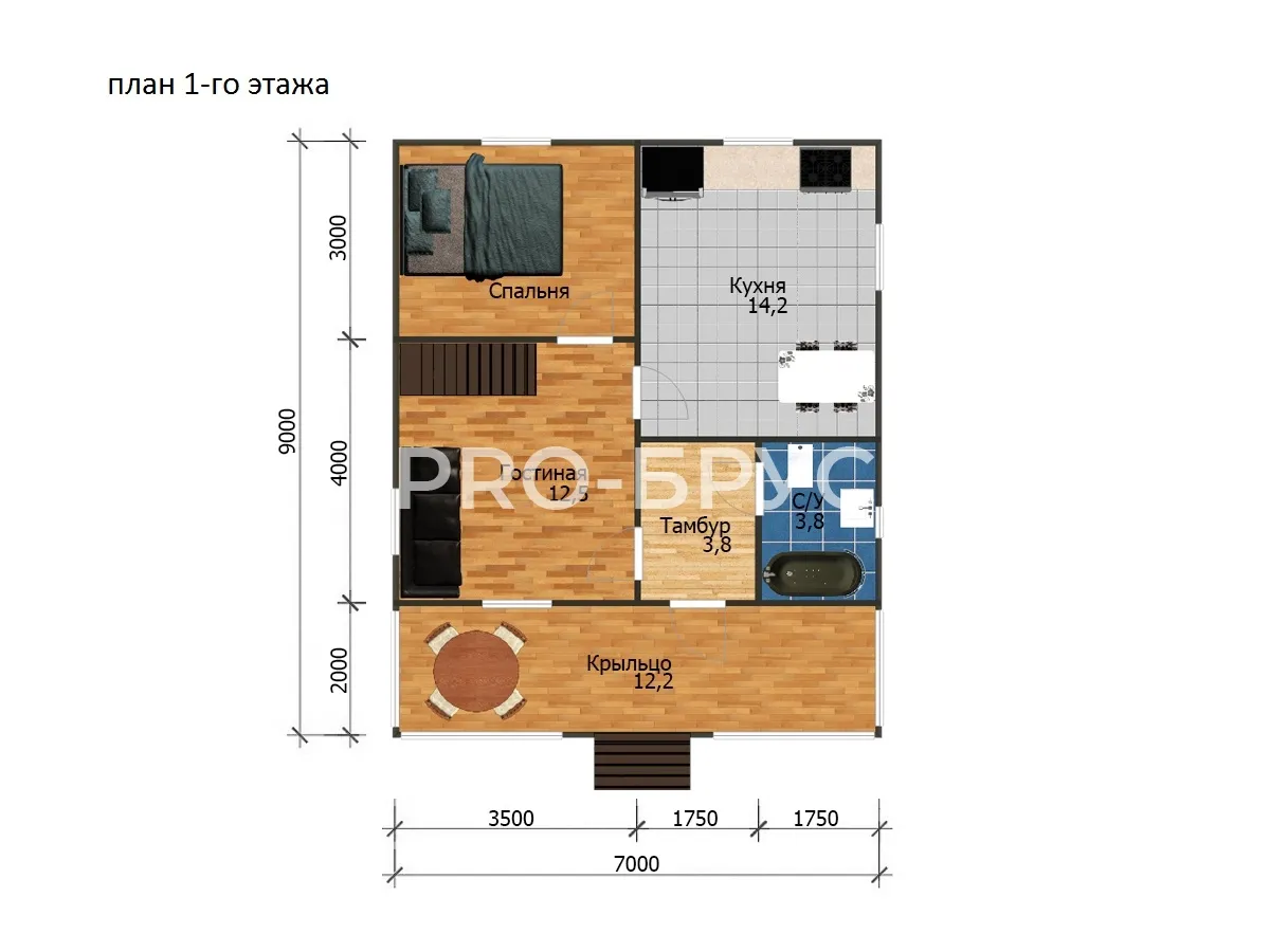 Проект дома из бруса - 7х9 - «Белоозёрский» - 100 м² - планировка первого этажа