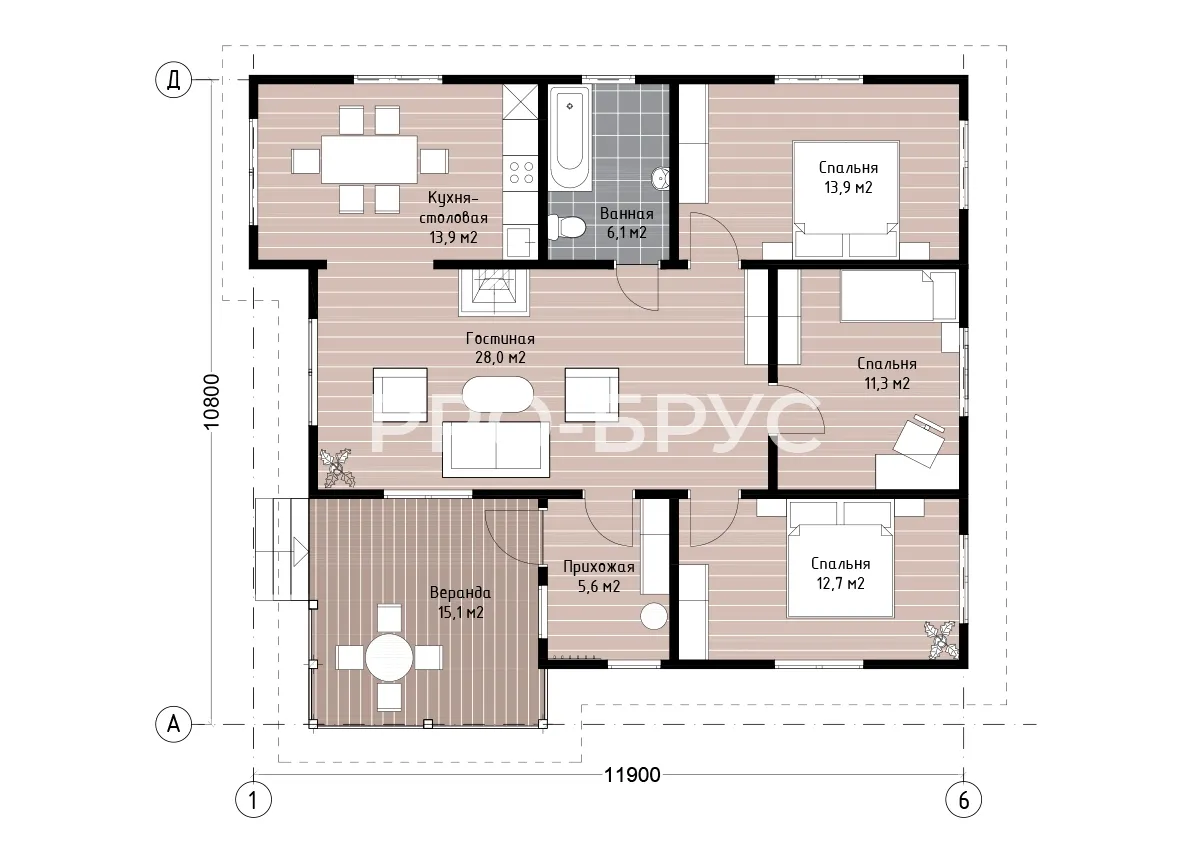 Проект дома из бруса - 11х12 - «Ильинский» - 106 м² - планировка первого этажа