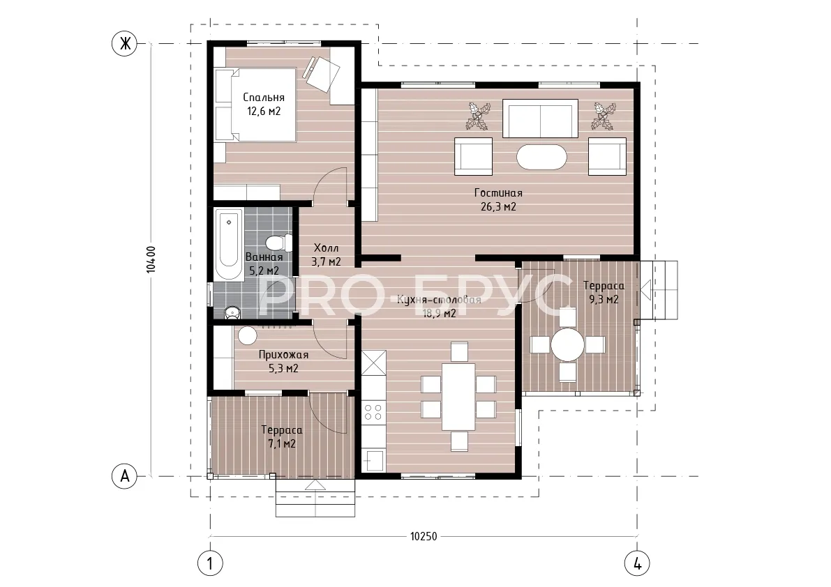 Проект дома из бруса - 10х10 - «Калининец» - 88 м² - планировка первого этажа