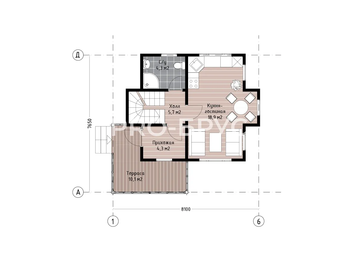 Проект дома из бруса - 7х8 - «Кратово» - 71 м² - планировка первого этажа