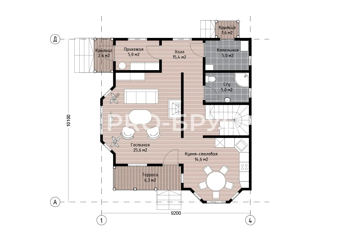 Проект дома из бруса - 9х10 - «Красково» - 148 м² - планировка первого этажа