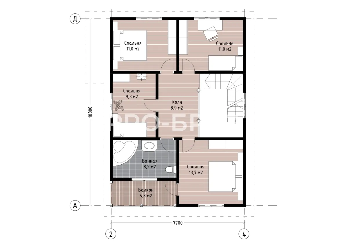 Проект дома из бруса - 9х11 - «Новопетровское» - 150 м² - планировка второго этажа