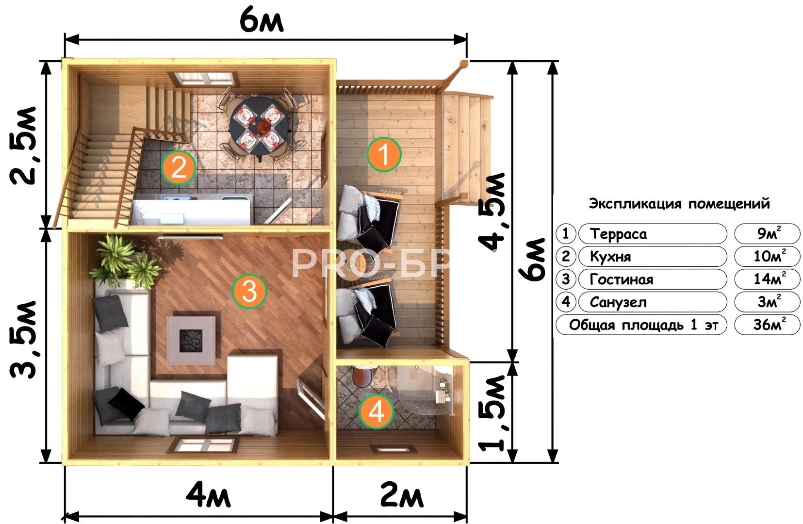 Проект дома из бруса - 6х6 - «Марфино» - 63 м² - вид справа