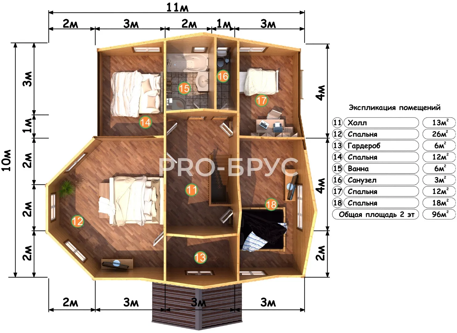 Проект дома из бруса - 11х12 - «Барвиха» - 200 м² - планировка первого этажа