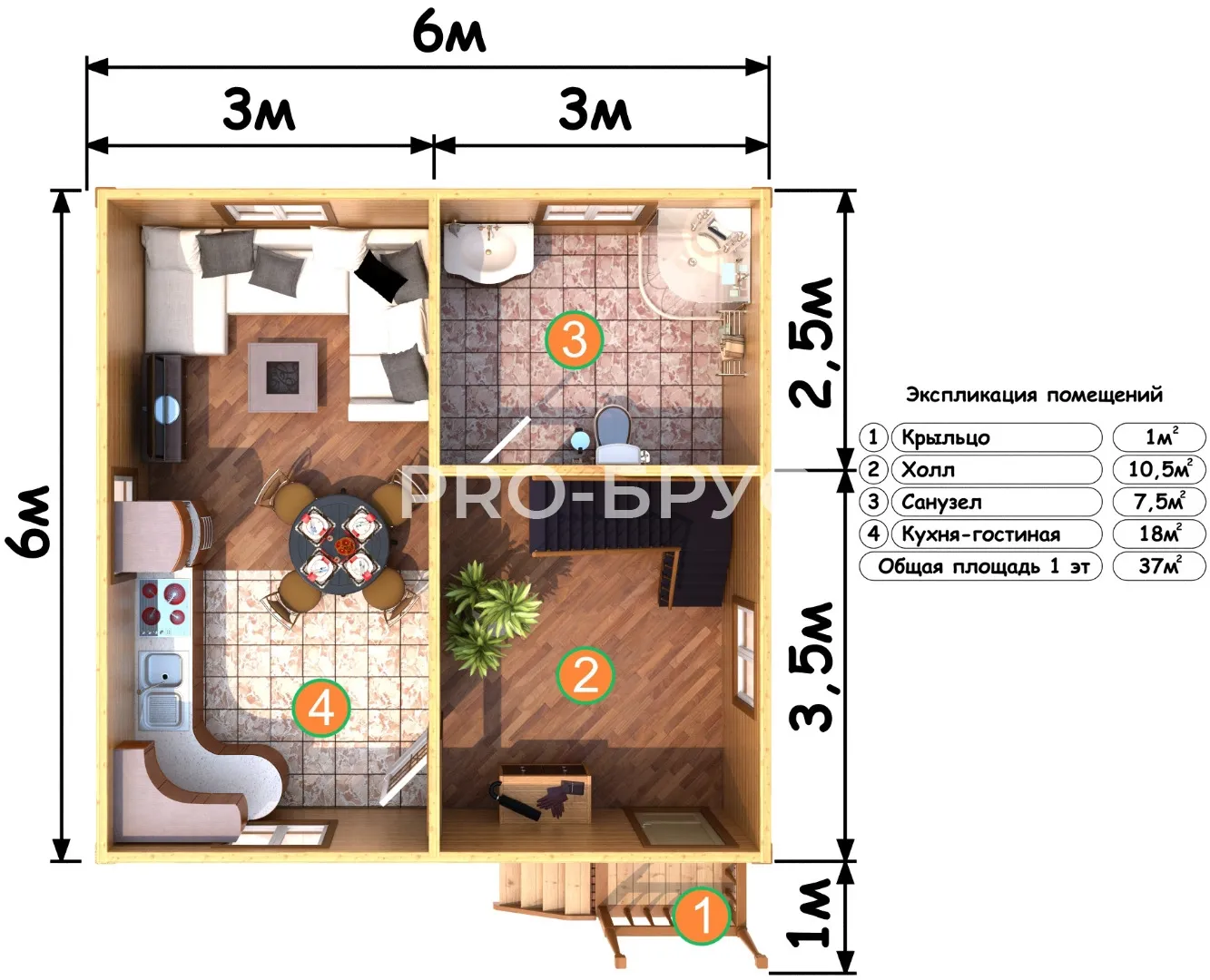 Проект дома из бруса - 6х6 - «Большое Сареево» - 64 м² - вид справа