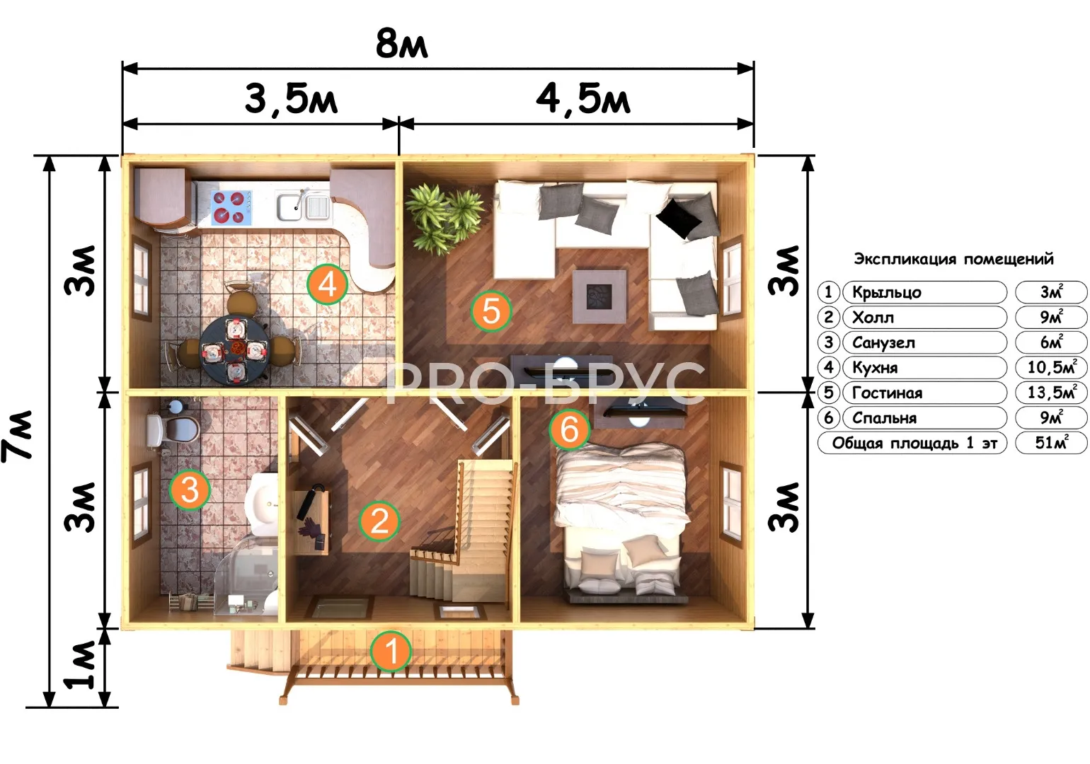 Проект дома из бруса - 7х8 - «Юдино» - 85 м² - вид справа