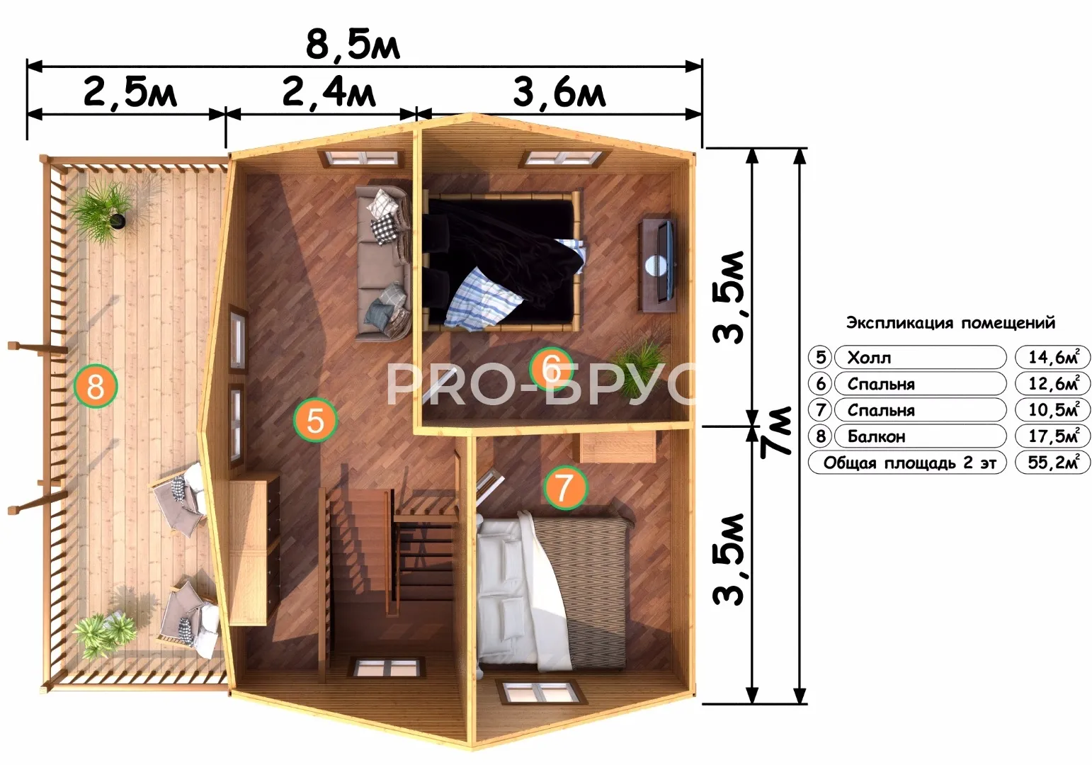 Проект дома из бруса - 7х8 - «Старбеево» - 115 м² - планировка первого этажа