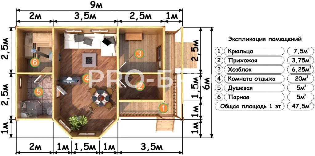 Проект бани из бруса - 6х9 - «Скоропусково» - 47 м² - вид справа