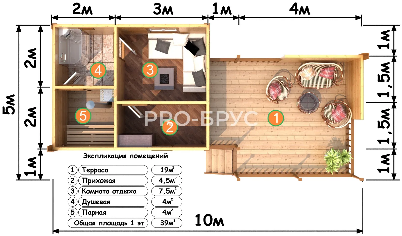 Проект бани из бруса - 5х10 - «Павельцево» - 39 м² - вид справа