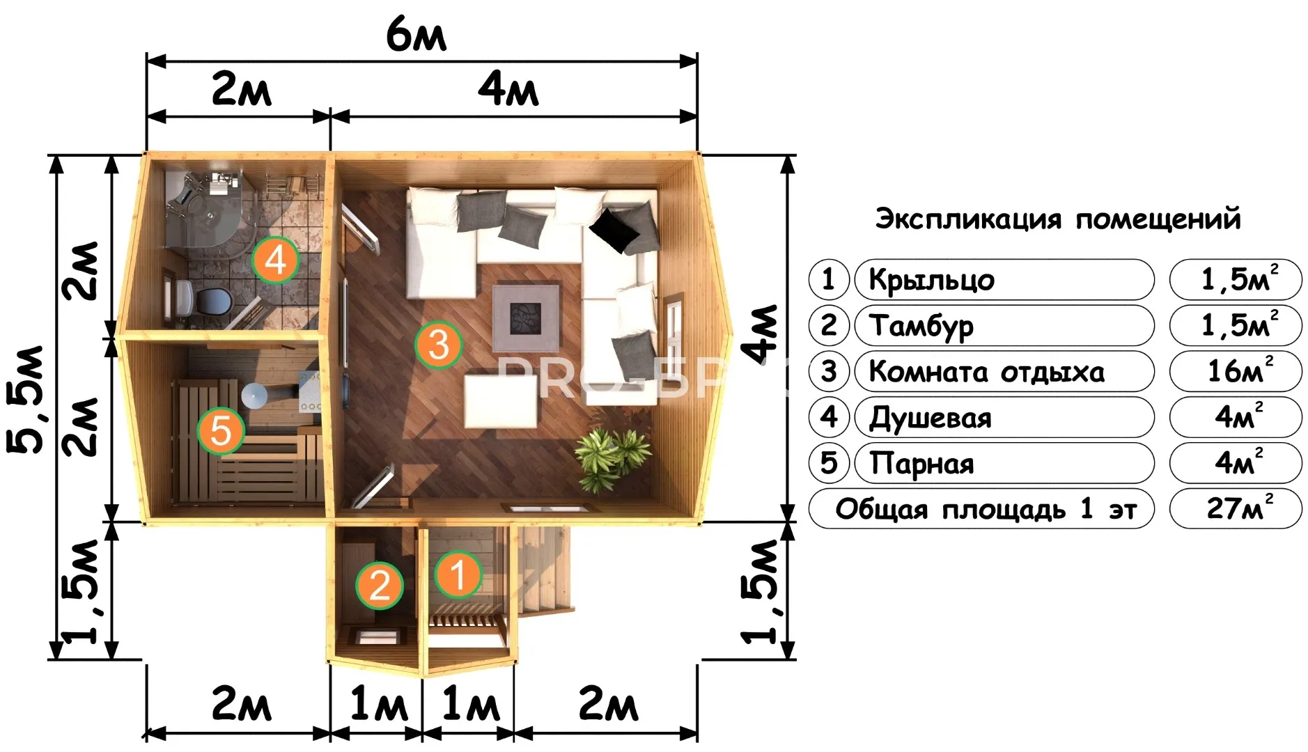 Проект бани из бруса - 5х6 - «Сапроново» - 27 м² - вид справа