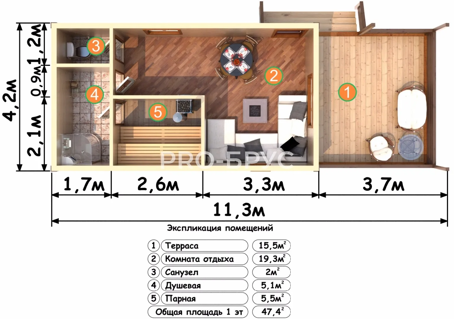 Проект бани из бруса - 4х11 - «Троицкое» - 47 м² - вид справа