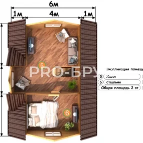 Проект дома из бруса 6 на 8 с мансардой БД-101 план второго этажа