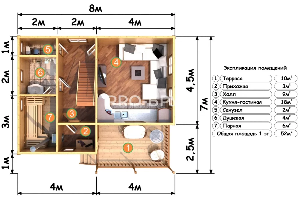 Проект дома из бруса 7 на 8 с мансардой БД-102 план первого этажа