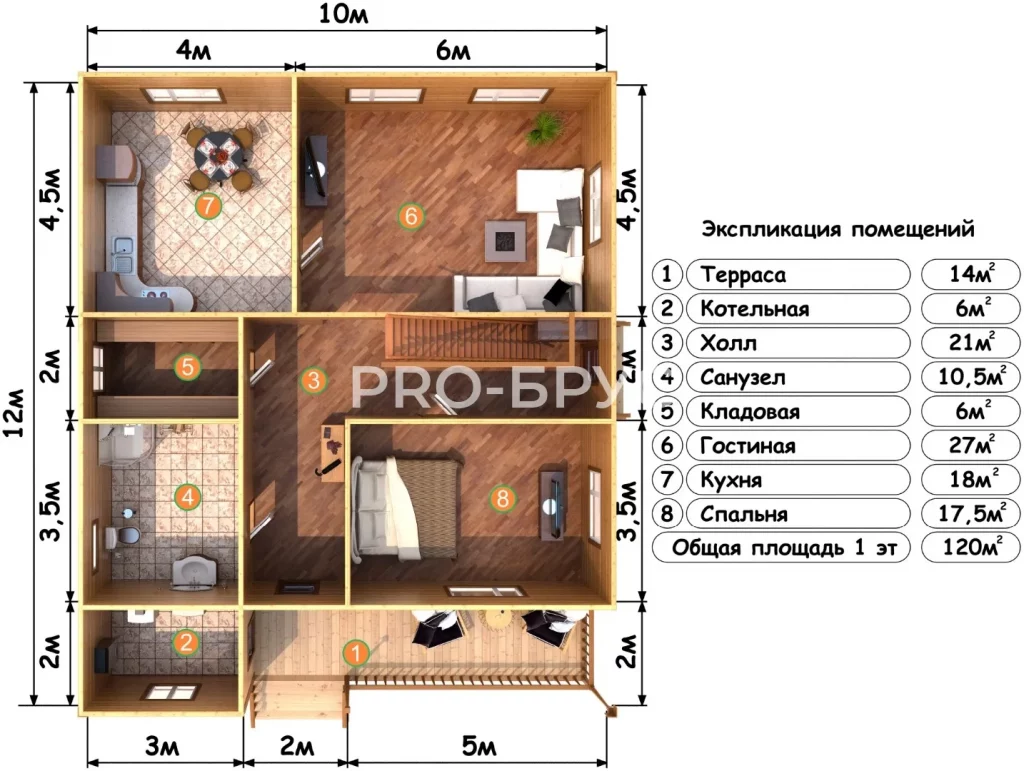 Проект дома из бруса 10 на 12 с мансардой БД-103 план первого этажа