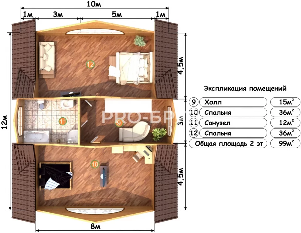 Проект дома из бруса 10 на 12 с мансардой БД-103 план второго этажа
