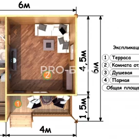 Проект дома из бруса 6 на 6 одноэтажный БД-104 план первого этажа