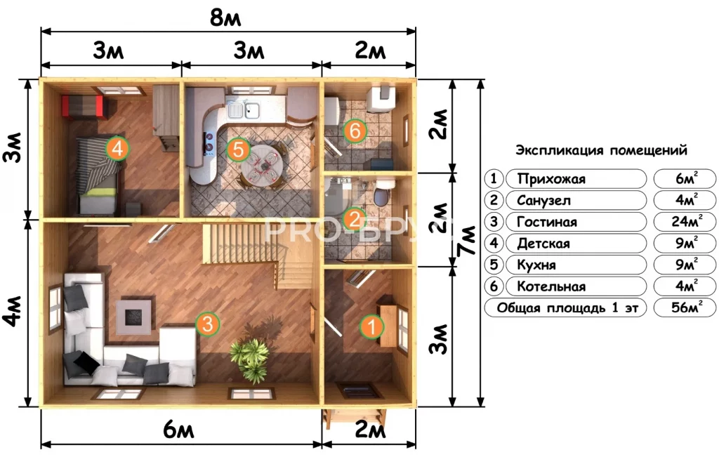 Проект дома из бруса 7 на 8 с мансардой БД-105 план первого этажа