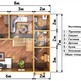 Проект дома из бруса 7 на 8 с мансардой БД-105 план первого этажа