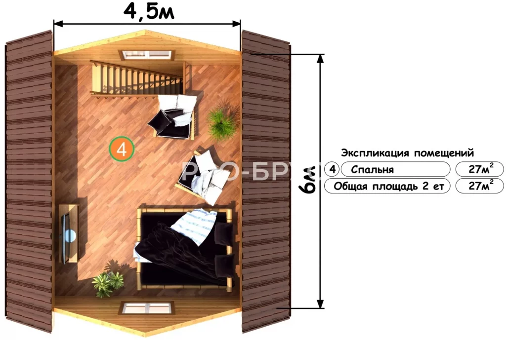 Проект дома из бруса 6 на 6 с мансардой БД-108 план второго этажа