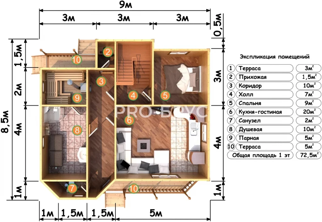 Проект дома из бруса 8 на 9 с мансардой БД-109 план первого этажа