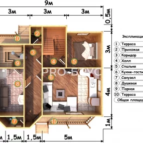 Проект дома из бруса 8 на 9 с мансардой БД-109 план первого этажа