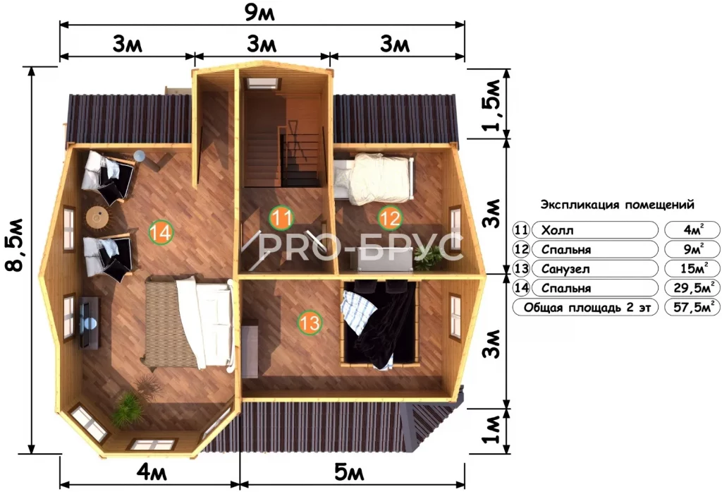 Проект дома из бруса 8 на 9 с мансардой БД-109 план второго этажа
